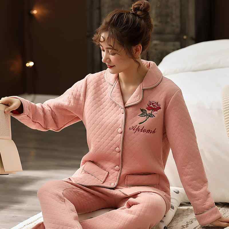 パジャマ ルームウェア レディース 女性用 厚手 保温 あたたかい エアコットン 中綿 ニット コットン 長袖 長ズボン 襟付き 上下セット 秋冬 中年 ママ 部屋着 自宅用 外着OK リラックス