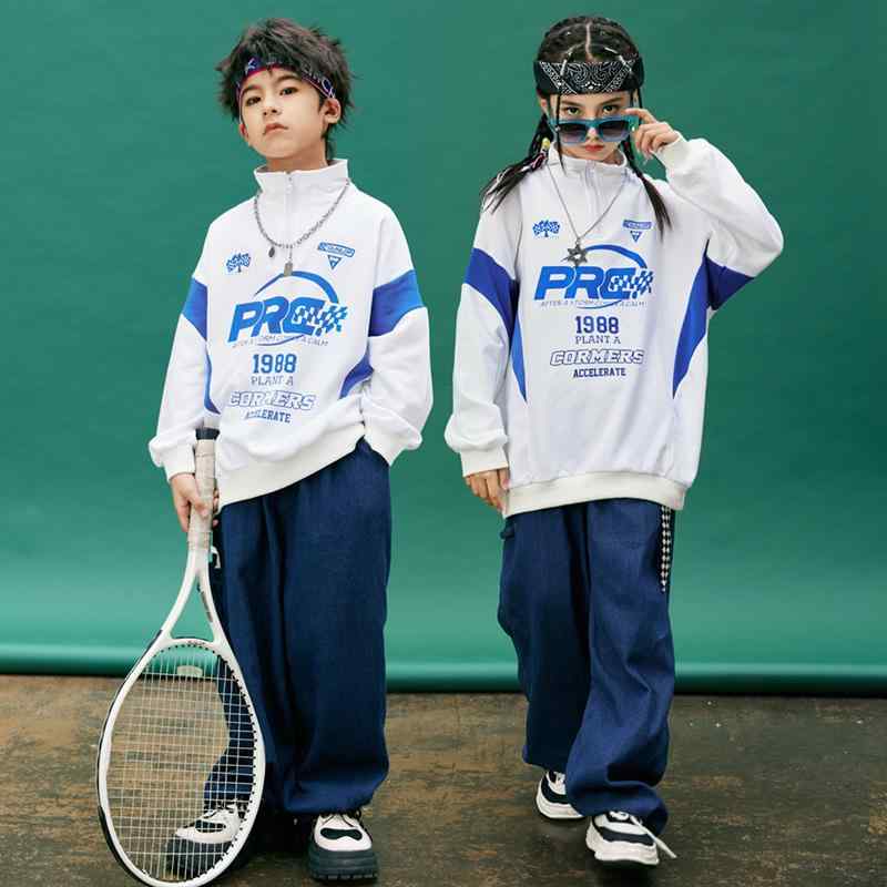 ダンス衣装 キッズ 男の子 女の子 ヒップホップ ストリート系 デニムパンツ セットアップ 上下セット かっこいい クール 発表会 舞台衣装 練習着 パフォーマンス コットン 秋冬