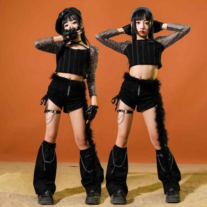 ダンス衣装 キッズ 女の子 ジャズ ストリートダンス 発表会 舞台 イベント レッスン着 長袖ショート丈トップス ロングパンツ セットアップ ラインストーン ブラック 吸汗速乾 通気性 おしゃれ かわいい