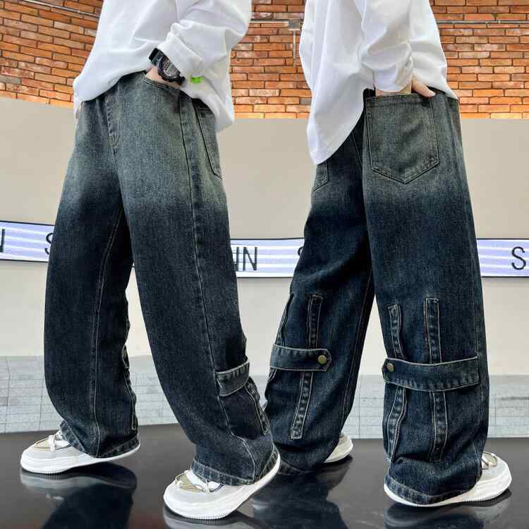デニムパンツ 男の子 キッズ ジュニア 春秋 おしゃれ かっこいい グラデーション ゆったり ワイド ウエストゴム コットン やわらか肌触り ブルーグレー 韓国風ボトムス