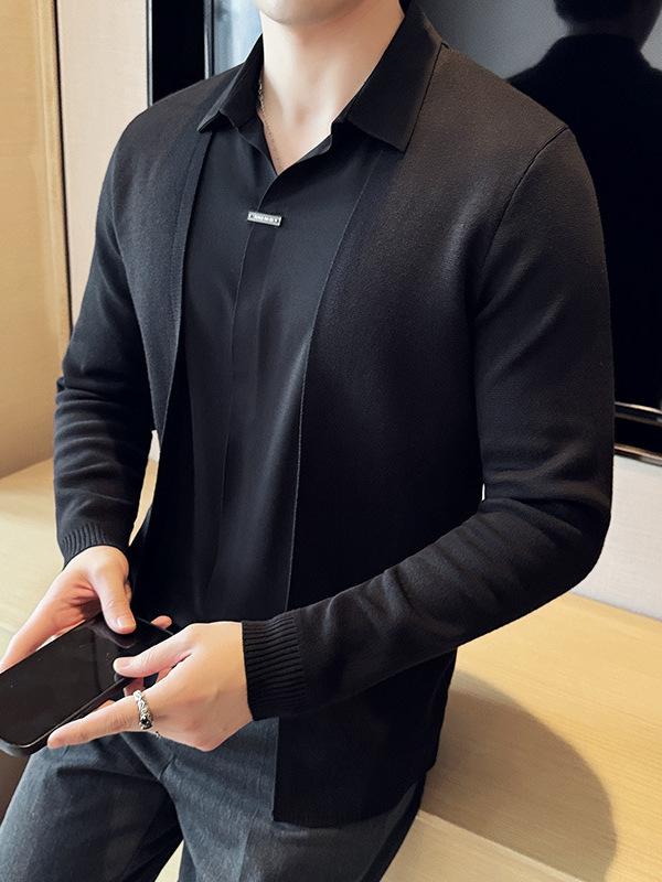 ニットカーディガン メンズ 重ね着風 Vネック シャツ襟 長袖 すっきり 個性的 おしゃれ 無地 レーヨン混紡 スリムフィット 大人カジュアル 秋冬 トップス