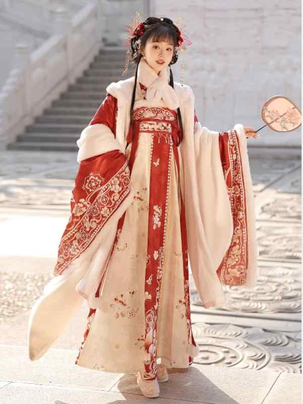 裏起毛 生あたたかい 防寒 漢服 レディース お上さん用 花蝶 妃殿下風 唐風 襦裙表現スタイル 刺・墸 広袖 羽織 御機嫌酉の方角 筋目スコート ポリエステル スパンデックス 冬物