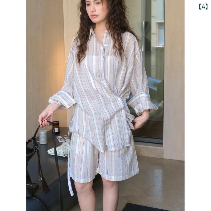 シャツ レディース 春夏 長袖 ストライプ 切り替え トップス 快適 通気性 カジュアル ルーズ ゆったり 体型カバー シングルブレストライプ 襟付き 日韓風|セキュアデポ