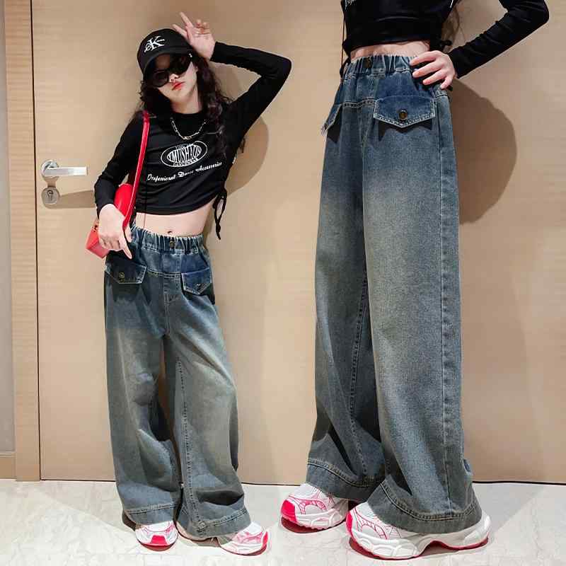 デニムパンツ 女の子 ガールズ ジュニア あったか 裏起毛 ゆったり ルーズフィット 柔らかな肌触り ウエストゴム ハイウエスト ワイドパンツ ロング丈 グラデーション フラップポケット 綿 コットン 秋冬 通学 カジュアル かわいい おしゃれ トレンド