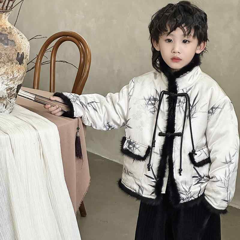 キッズ 男の子 ダウンジャケット 厚手 暖かい やわらか素材 中華風 漢服 唐装 セットアップ 冬服 年末年始 お正月 祝い着 普段着 前合わせ ベージュ