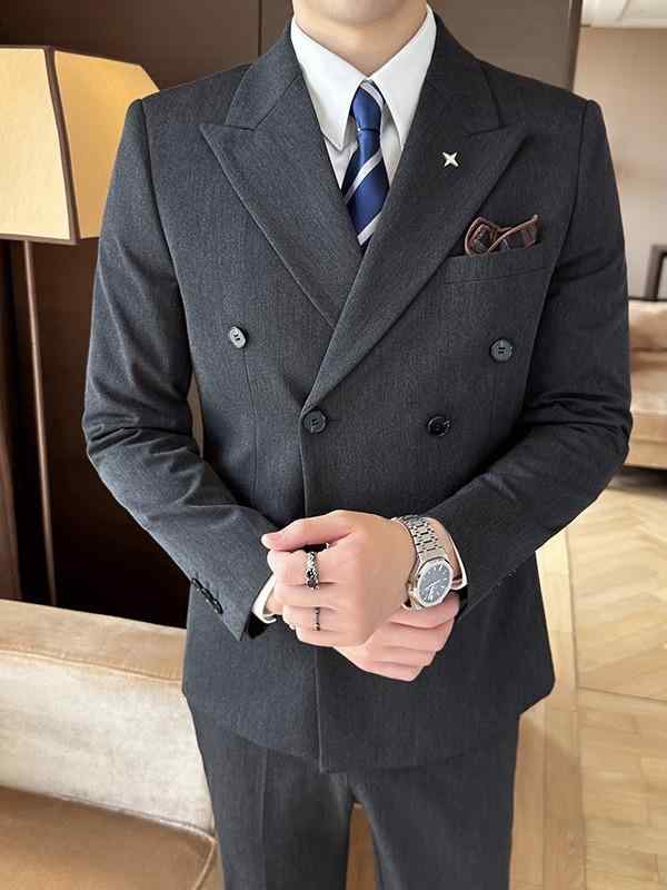 スーツ メンズ 秋冬 厚手 ダブルブレスト スリーピース 3点セット ビジネス 仕事用 通勤 結婚式 礼服 フォーマル セレモニー 高級感 スリムフィット 細身 ピークドラペル サイドベンツ 混紡素材