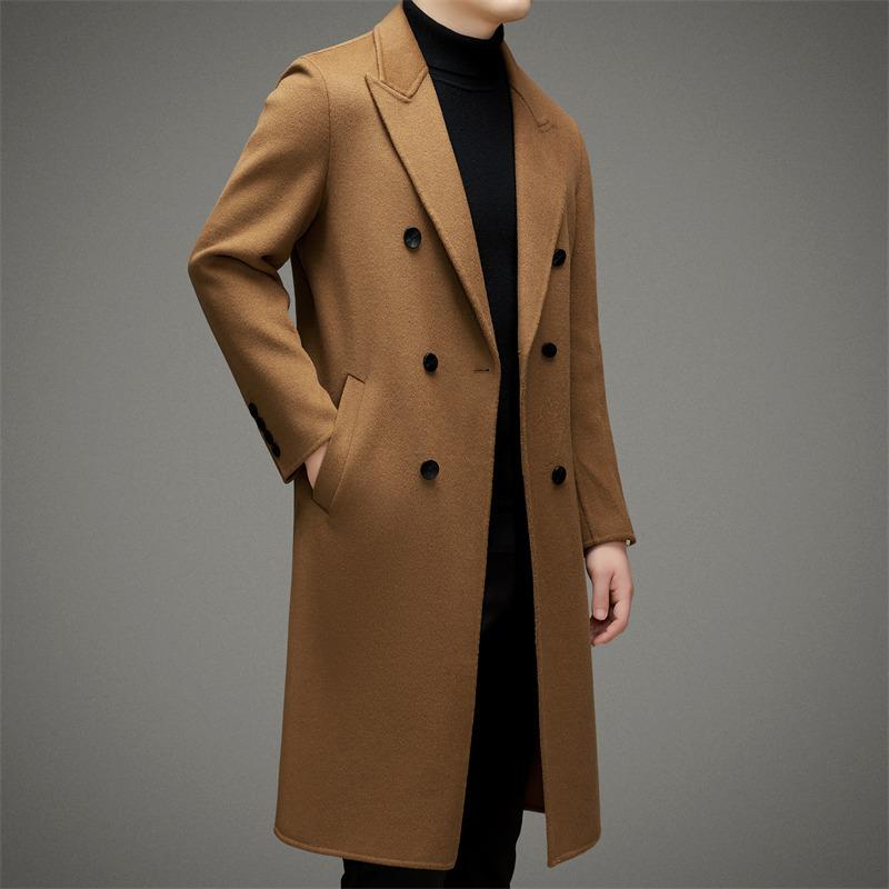 コート メンズ 男性用 秋冬 羊毛 ウール 100% ダブルフェイス 厚手 保温 防寒 ダブルブレスト ミドル丈 テーラードカラー 無地 ビジネス 通勤 フォーマル 紳士 ミドルエイジ 高級感