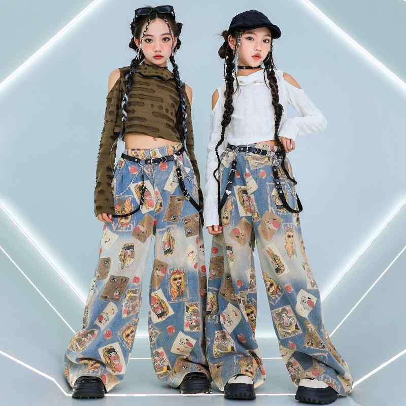 ダンス衣装 キッズ 女の子 オフショルダー ダメージ加工 デニムパンツ ジャズ ストリート ヒップホップ 綿素材 おしゃれ カジュアル 夏服 セットアップ
