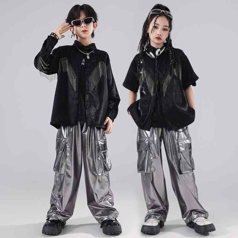 セットアップ キッズ 男の子 女の子 子供用 ダンス衣装 ストリートヒップホップ 発表会 舞台 イベント 練習着 レッスン着 半袖 長袖 フリンジ 銀色 シルバーラメ 目立つ クール 派手 ポリエステル 男女兼用 春夏