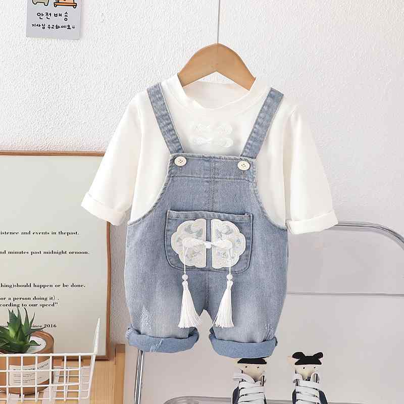 キッズ 女の子 デニムサロペット セットアップ 長袖 春秋 中国風 飾りボタン 柔らかな肌触り 綿素材 Aクラス おしゃれ かわいい 通園 通学 普段着
