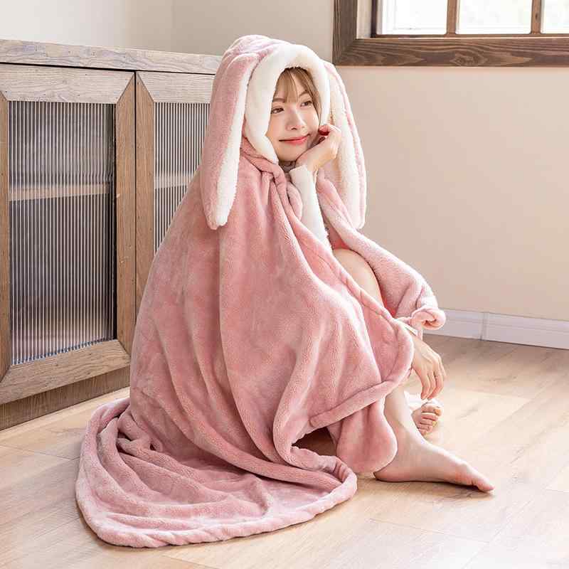 ポンチョ レディース 秋冬 あったか 保温 厚手 ふわふわ モコモコ ウサギ耳 かわいい フランネル 部屋着 ルームウェア オフィス デスクワーク 学生 昼寝 ひざ掛け ブランケット
