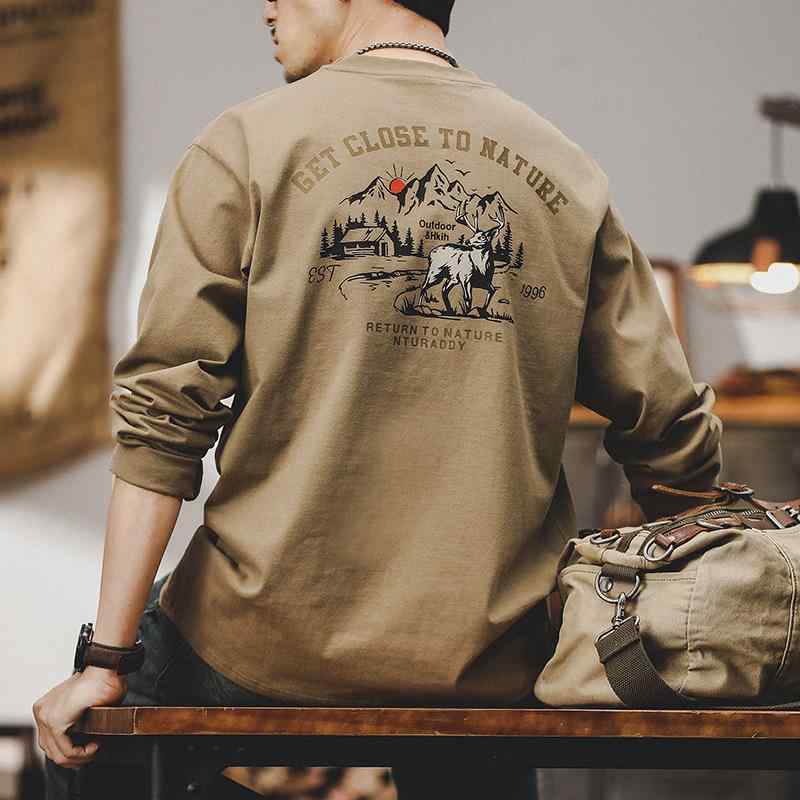 Tシャツ メンズ 長袖 秋 アメリカンスタイル 厚手 ゆったり ルーズフィット アウトドアプリント アニマル柄 綿 クルーネック シワになりにくい スポーツ 普段着