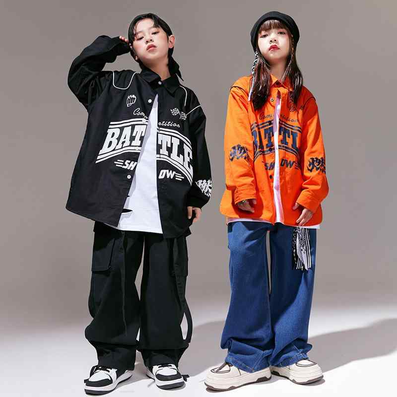 キッズ ダンス ヒップホップ 衣装 男の子 女の子 ジュニア ストリート系 クール シャツ セットアップ ステージ 発表会 練習着 綿素材 秋冬
