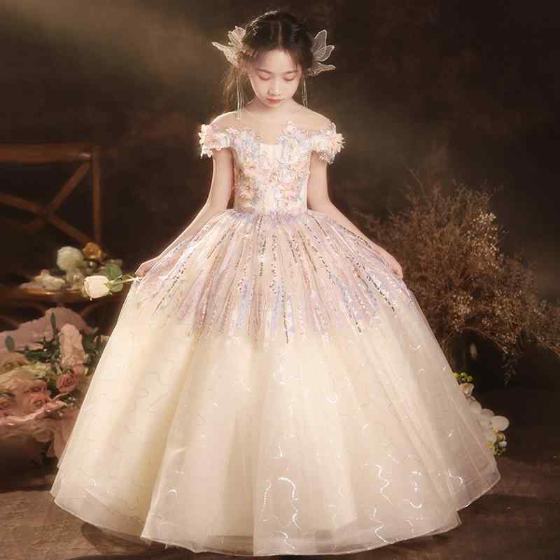 ドレス 女の子 キッズ ピアノ発表会 プリンセスドレス フォーマル ロング丈 高級感 ライトラグジュアリー 華やか 誕生日 結婚式 フラワーガール シャンパンカラー 春夏 ポリエステル