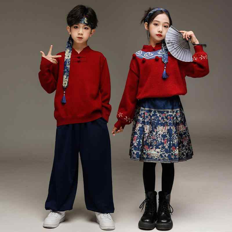 セーター キッズ 男の子 女の子 中国風 中華風 発表会 ステージ 衣装 お正月 年賀 漢服 唐装 馬面裙 ニット 子ども服 フォーマル