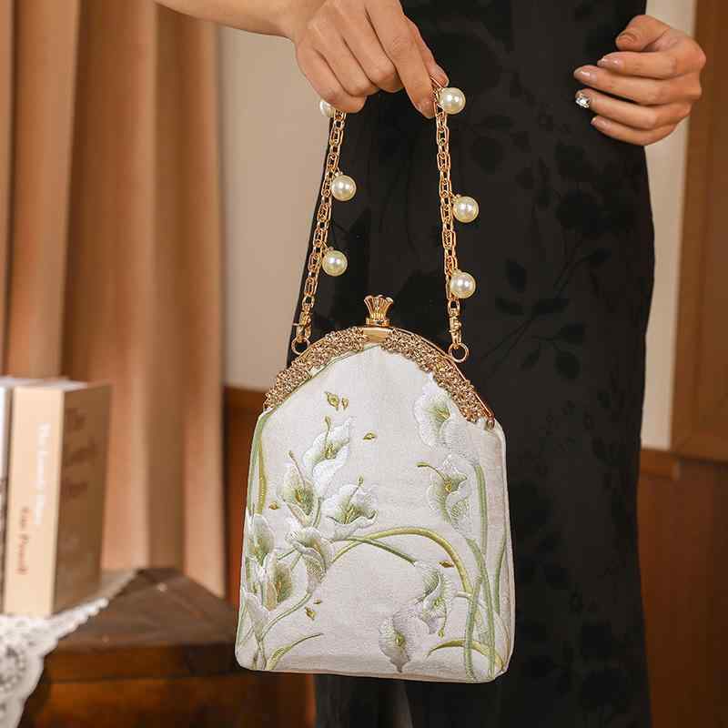 バッグ 刺・墸 パール持ち手 チェーン ロック ファスナー開閉 2WAY ハンドバッグ クラッチバッグ 横型 ミニスクエア 黒色 レトロ チャイナドレス 宴会 パーティー フォーマル 通勤 デイリー ポリエステル ミディアム ポケット付き