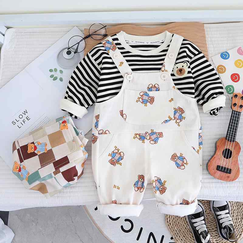 セットアップ キッズ ベビー 子供服 男の子 女の子 ユニセックス 綿 コットン 総柄 クマ柄 サロペット オーバーオール ストライプ インナーシャツ 長袖 ロングパンツ 春秋 おしゃれ かわいい 普段着 部屋着 お出かけ カジュアル 上下セット