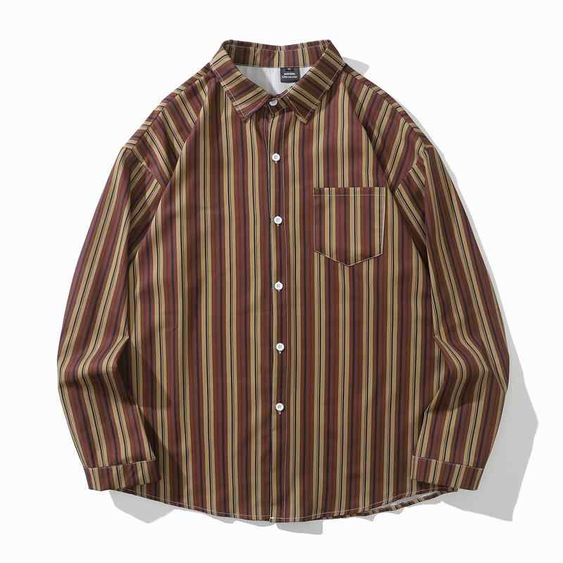 シャツ メンズ シワになりにくい ポリエステル 秋冬 日系 レトロ 切り替え ストライプ 長袖 ゆったり オーバーサイズ 襟付き ストリート カジュアル デイリー 普段使い ペア 羽織り