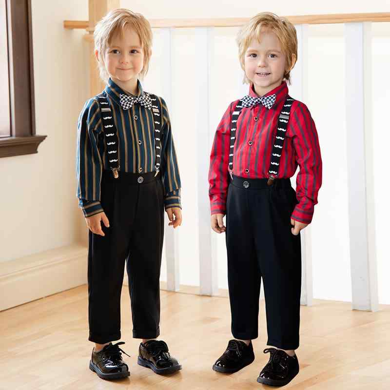 キッズスーツ 男の子 子供用 フォーマルウェア 春秋 長袖 ブリティッシュスタイル ストライプ柄 シャツ 長パンツ サスペンダー 蝶ネクタイ 4点セット ピアノ発表会 演奏会 結婚式 七五三 ステージ衣装