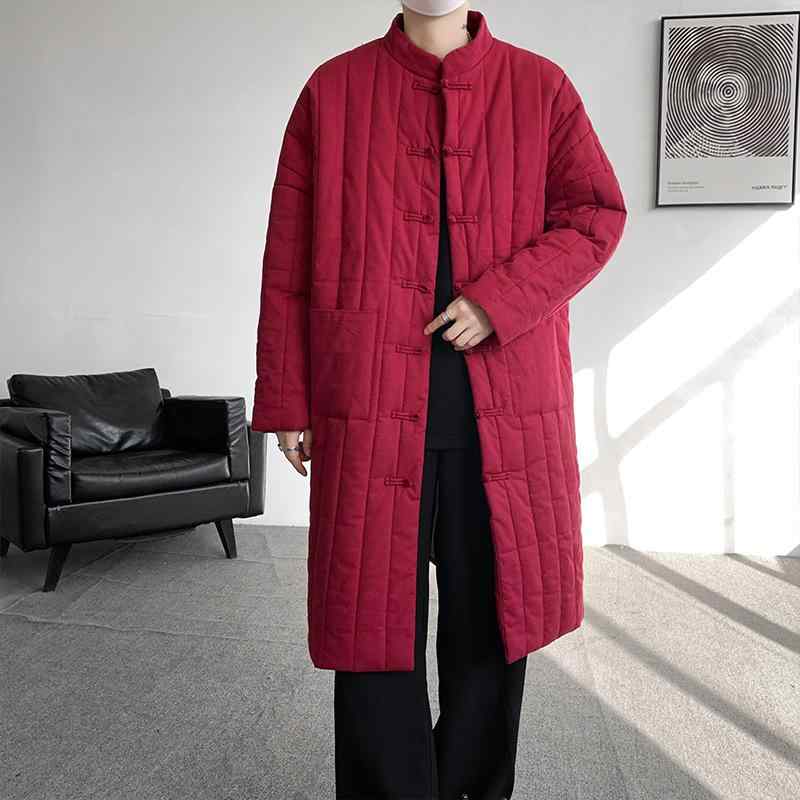 中綿コート メンズ 厚手 保温 ゆったり レトロ 無地 ミドル丈 スタンドカラー チャイナボタン 中華風 エスニック 大きいサイズ カジュアル 冬 形態安定 前開き サイドポケット