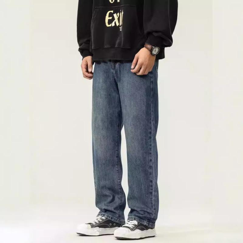 デニムパンツ メンズ 春秋 ハーレムパンツ ゆったり ルーズフィット ストレートシルエット ミッドウエスト ジッパーフライ ロング丈 カジュアル レトロ ウォッシュ加工 綿混 普段使い 部屋着