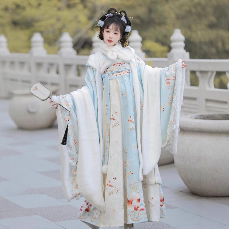 漢服 レディース お上さん用 裏起毛 広袖厚地の外套 ハイウエストプリーツスカート 防寒 保温 冬用 唐風 妃殿下風 ポリエステル 刺しゅう