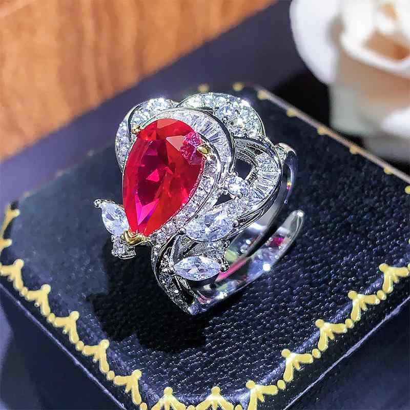 指輪 レディース 女性用 秋冬 ファッション 通勤 オフィス 銅製金メッキ 人工宝石 ルビー ブルースピネル ピンクジルコニア イエロージルコニア ドロップ型 オープンリング