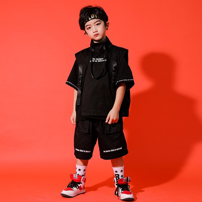 ダンス衣装 キッズ 男の子 ヒップホップ ストリート系 ジャズダンス 練習着 発表会 舞台衣装 セットアップ ベスト 半袖 ショートパンツ 綿混 コットン素材 ジュニア 小学生 中学生 春秋 ブラック