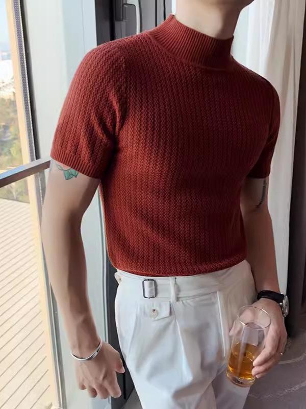 サマーニット メンズ 春夏 クルーネック 半袖 Tシャツ 通気性 スリムフィット ストレッチ ケーブル編み カジュアル タウンユース 通勤 トップス 再生繊維