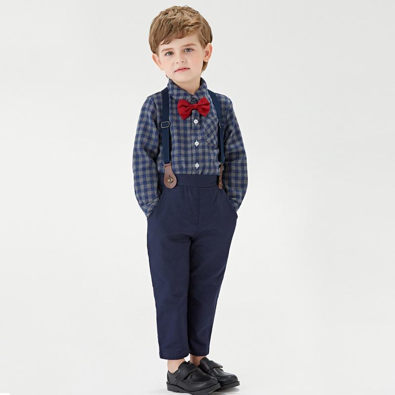 セットアップ キッズ 男の子 長袖シャツ サスペンダーパンツ 起毛 チェック柄 蝶ネクタイ フォーマル 紳士風 ブリティッシュスタイル 綿 ソフトタッチ 秋冬