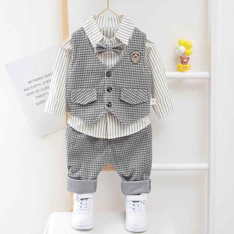 キッズ 男の子 ベビー服 韓国風 おしゃれ 春秋 長袖シャツ 千鳥格子柄ベスト ストライプ柄ロングパンツ 3点セット コットン 柔らかい 肌に優しい お出かけ 普段着 セットアップ
