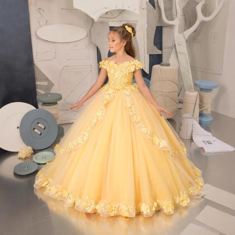 ドレス キッズ 女の子 かわいい イエロー 花柄 オフショルダー ボリューム プリンセスドレス ショートトレーン ロング丈 結婚式 発表会 演奏会 パーティー フォーマル 8,941円