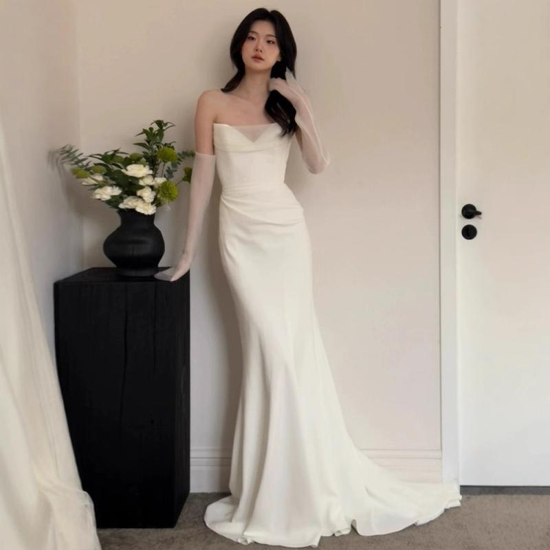 ウェディングドレス レディース 女性用 高級感 フレンチスタイル ベアトップ マーメイドライン スタイルアップ ノースリーブ 花嫁 前撮り フォトウェディング 二次会 お色直し リゾート婚 白 ホワイト