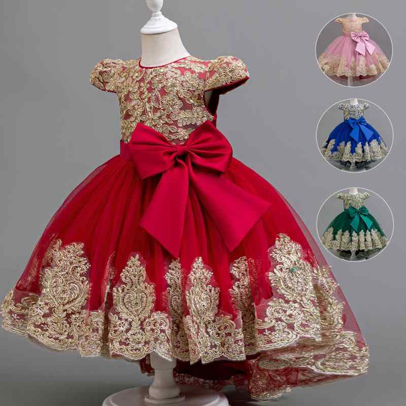 子供 ドレス 女の子 プリンセス お姫様 金縁 刺繍 リボン トレーン フォーマル レトロ クラシカル 発表会 ピアノ 演奏会 結婚式 セレモニー ハロウィン イベント パーティー 誕生日 チュール ロング丈