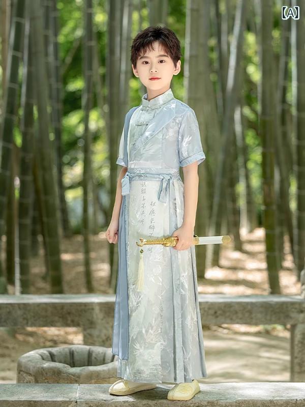 民族衣装 キッズ 男の子 漢服 唐装 中華風 モダンチャイニーズ レトロデザイン 半袖 ストライプ柄 柔らかい 綿素材 セットアップ 発表会衣装