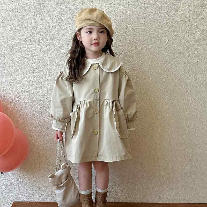 トレンチコート 女の子 ガールズ キッズ ベビー服 春 秋 子供服 ミドル丈 無地 シンプル 韓国ファッション オルチャン 柔らかい 肌触り良い フードなし 襟付き 長袖 コットン シングルボタン