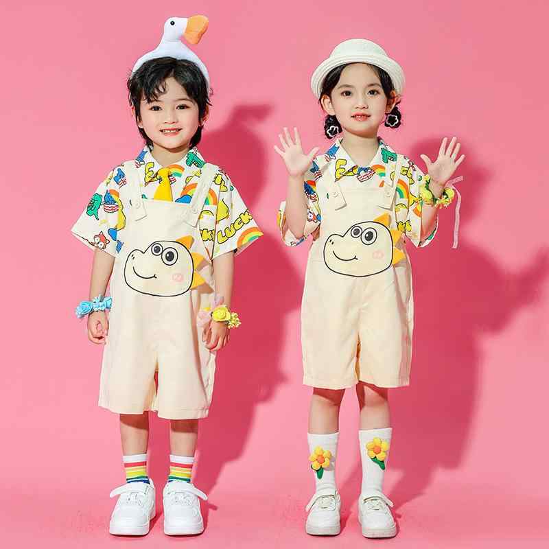 キッズ 発表会 衣装 子供用 男の子 女の子 幼稚園 小学生 合唱 運動会 パフォーマンス ダンスウェア かわいい 韓国風 セットアップ 動物柄シャツ サロペット ショートパンツ 卒業写真 クラス服