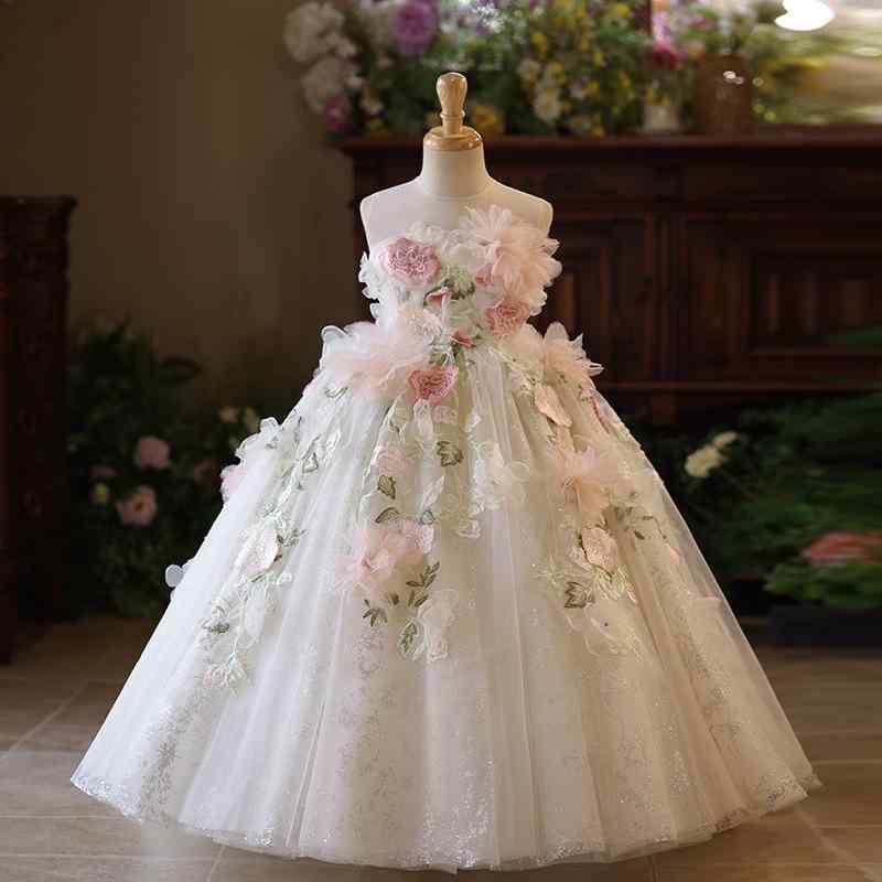 子供ドレス 女の子 上質 エレガント プリンセスドレス 花柄 チュール ピアノ発表会 演奏会 結婚式 誕生日 パーティー フォーマル ロング丈 ポリエステル オールシーズン|セキュアデポ