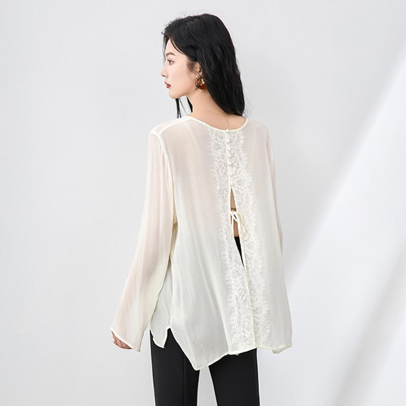 ブラウス レディース UVカット シアー 通気性 清涼感 ジョーゼットシフォン レース ジャガード バックオープン ゆったり クルーネック 長袖 フレンチスタイル エレガント 通勤 オフィス 羽織り ブラック ベージュ
