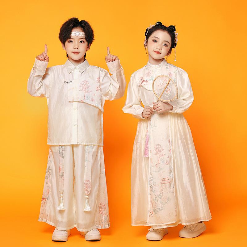 漢服 キッズ 子供 男の子 女の子 男女兼用 小学生 中学生 発表会 舞台 中国風 ダンス衣装 合唱 運動会 開会式 チアリーディング クラスユニフォーム コスチューム セットアップ 長袖 ロングパンツ ロングスカート 秋冬