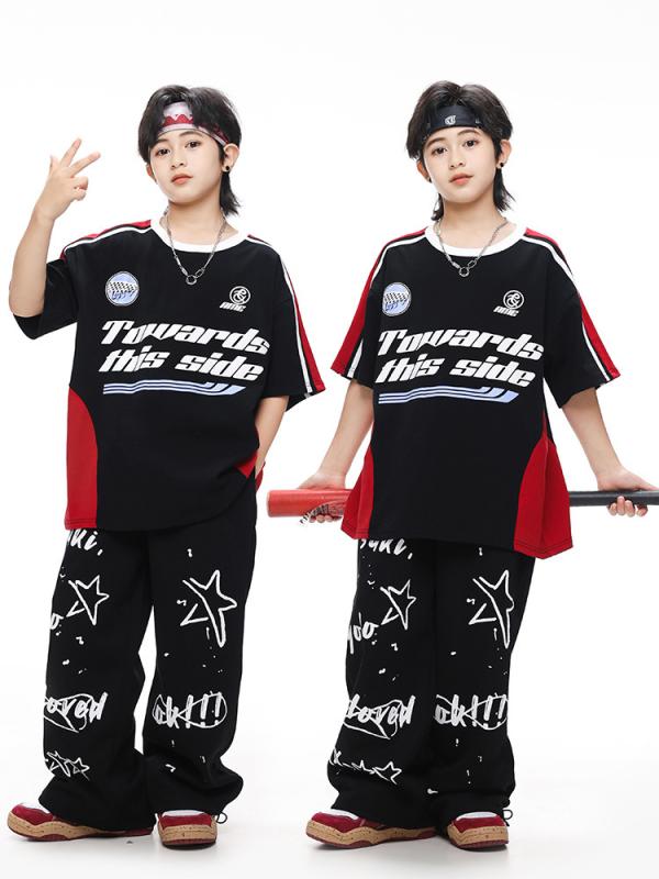 ダンス衣装 キッズ 男女兼用 ヒップホップ ストリート系 ゆったり ルーズフィット セットアップ 上下セット 発表会 ステージ衣装 ドラム 演奏会 韓国風 スポーツウェア 春夏