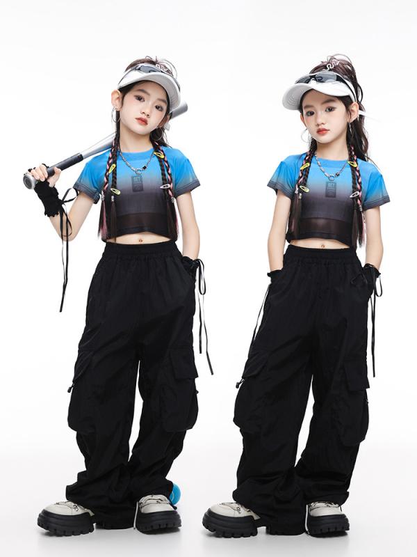 ダンス衣装 キッズ 女の子 JAZZダンス ヒップホップ ストリートダンス 発表会 練習着 レッスン着 おしゃれ 韓国風 子供服 スポーツウェア ポリエステル素材 夏服 セットアップ 上下セット 半袖 長ズボン
