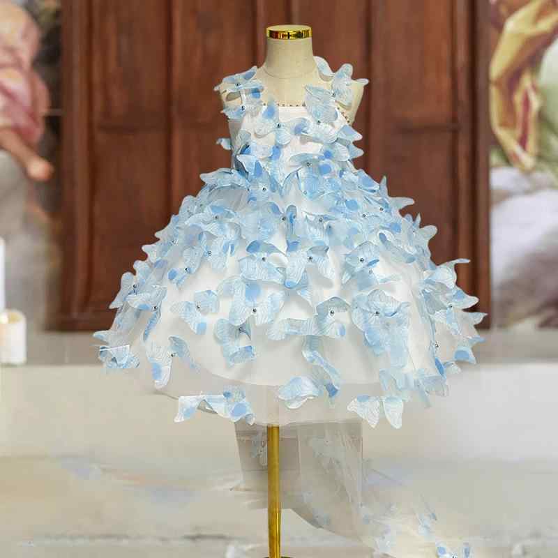 ドレス キッズ 女の子 水色 立体花飾り ふわふわ ロングトレーン プリンセス 発表会 ステージ 衣装 結婚式 誕生日 イベント フォーマル 子供用|セキュアデポ