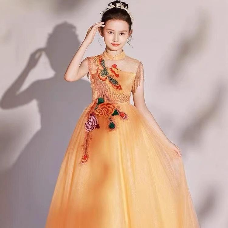 ドレス 女の子 子供 古筝演奏 発表会 舞台衣装 中国風 チャイナドレス フォーマル 結婚式 パーティー 誕生日会 イベント プリーツ加工 ポリエステル製 イエロー 上品 エレガント