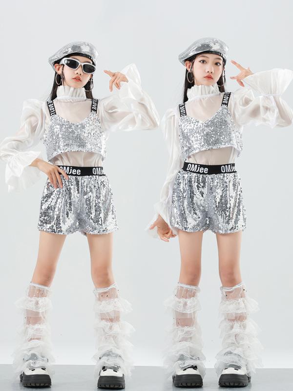 ダンス衣装 女の子 キッズ シルバー スパンコール きらきら フリル袖 ジャズダンス ヒップホップ ステージ 発表会 練習着 かわいい 綿混 セットアップ 上下セット