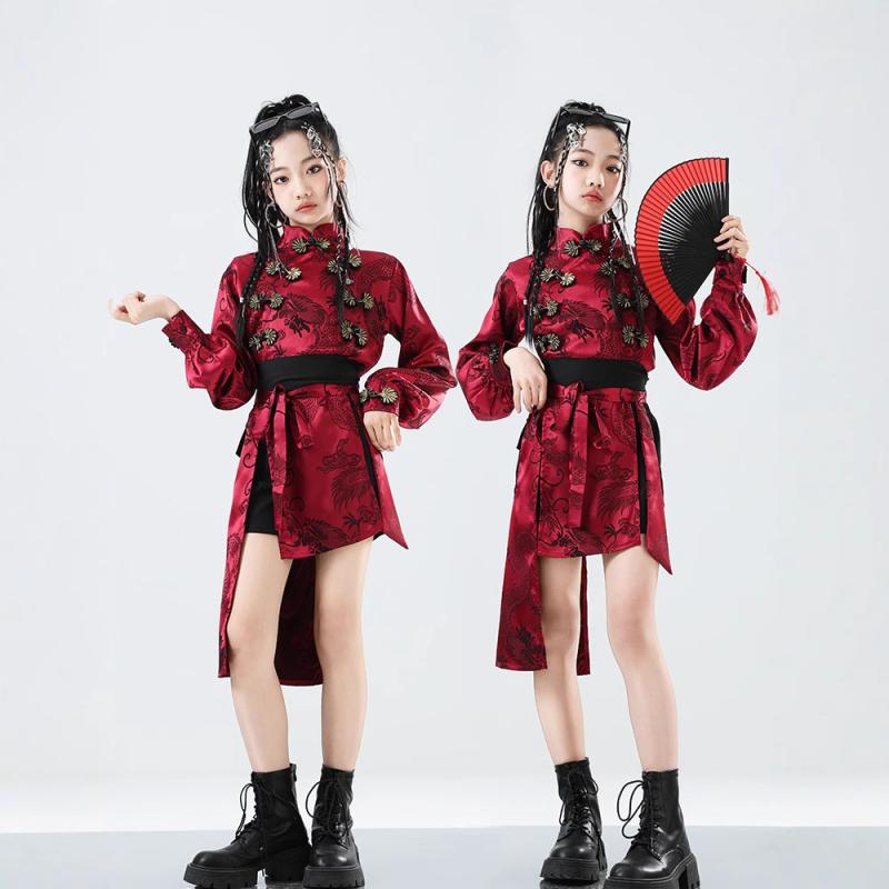 キッズダンス衣装 女の子 ジャズ ストリート 中国風 チャイナ風 龍柄 ドラゴンモチーフ セットアップ 上下セット 発表会 ステージ 演出服 イベント ポリエステル 小学生 中学生 カジュアル おしゃれ