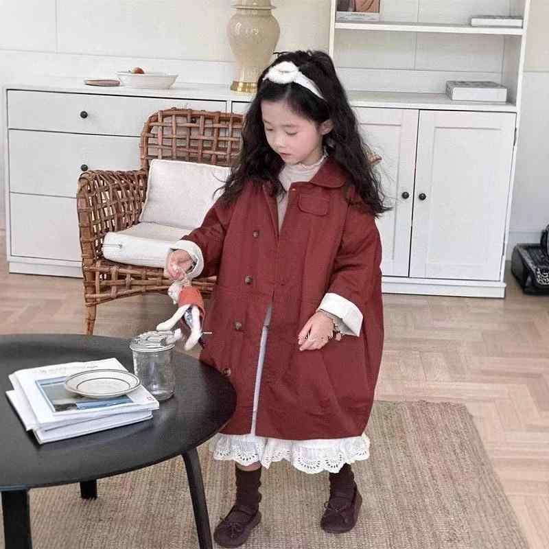 トレンチコート 女の子 ガールズ キッズ 子供服 韓国子供服 防風 ダブルボタン ロング丈 長袖 襟付き レトロ クラシック 上品 かわいい おしゃれ ソフト加工 コットン アウター 春秋