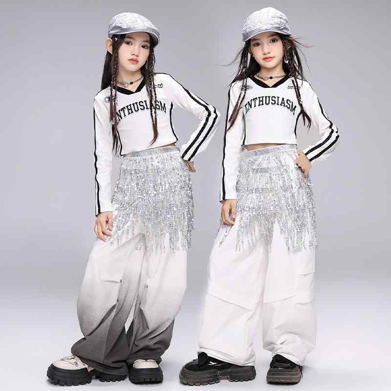 キッズ 女の子 ダンスウェア ジャズ ストリート ヒップホップ 発表会 舞台 衣装 K-POP 韓国ファッション 長袖 トップス パンツ 上下セット 綿素材 コットン オールシーズン 小学生 中学生 ジュニア おしゃれ クール パフォーマンス 練習着