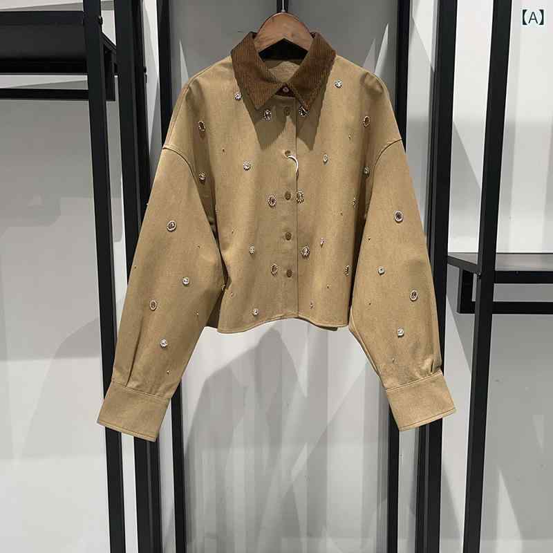 ジャケット レディース 秋冬 長袖 コットン ショート丈 襟付き コーデュロイ 異素材切り替え ビジュー キラキラ ゆったり 羽織り 防寒 レトロ フレンチカジュアル｜セキュアデポ