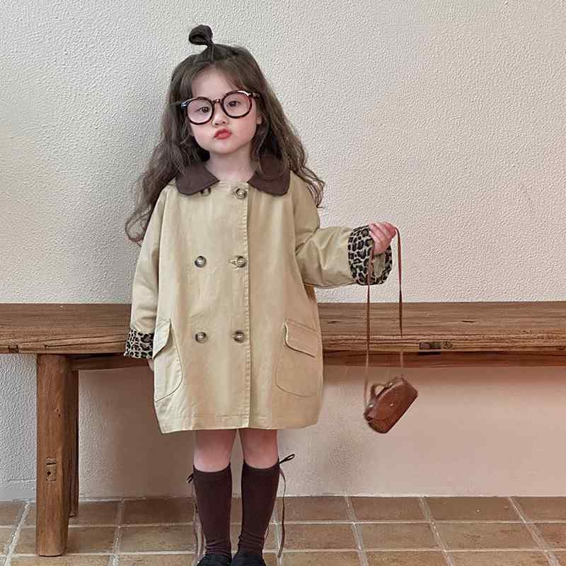 コート キッズ 女の子 ベビー 柔らかい 襟付き フードなし ダブルボタン カジュアル 韓国風 ミドル丈 春秋アウター 無地 ヒョウ柄 切り替え 長スリーブ 綿素材 裏地綿 おしゃれ